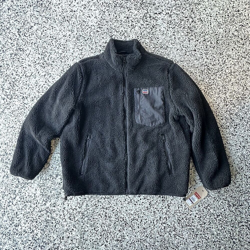 Levis Contrast Pocket Fleece Jacket Mens XXL Black Mock Neck Zip Up Faux Fur
